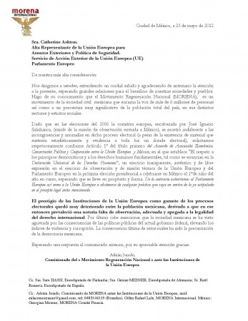 Carta al Parlamento Europeo- Morena Internacional