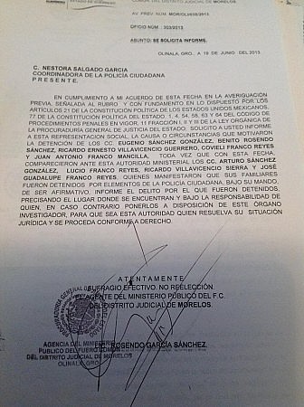 Oficio del MP solicitando informes judiciales a la Policía Comunitaria.