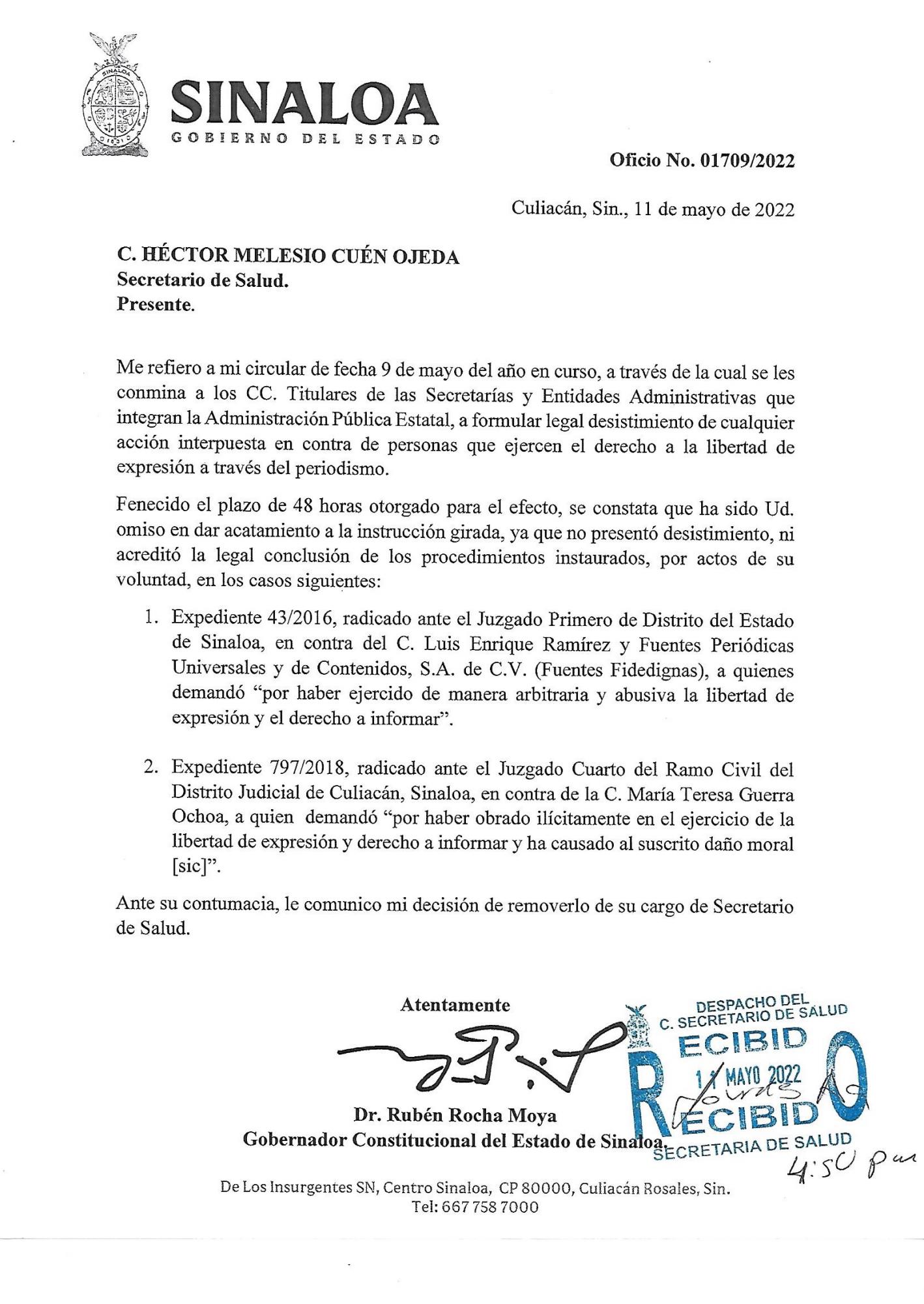 El Secretario de Salud en Sinaloa, Melesio Cuén, es cesado de su cargo $!El Secretario de Salud en Sinaloa, Melesio Cuén, es cesado de su cargo
