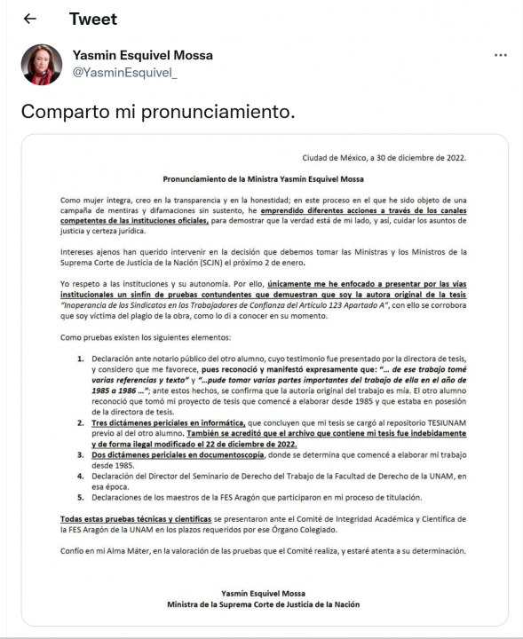 ministra yasmin esquivel testimonio
