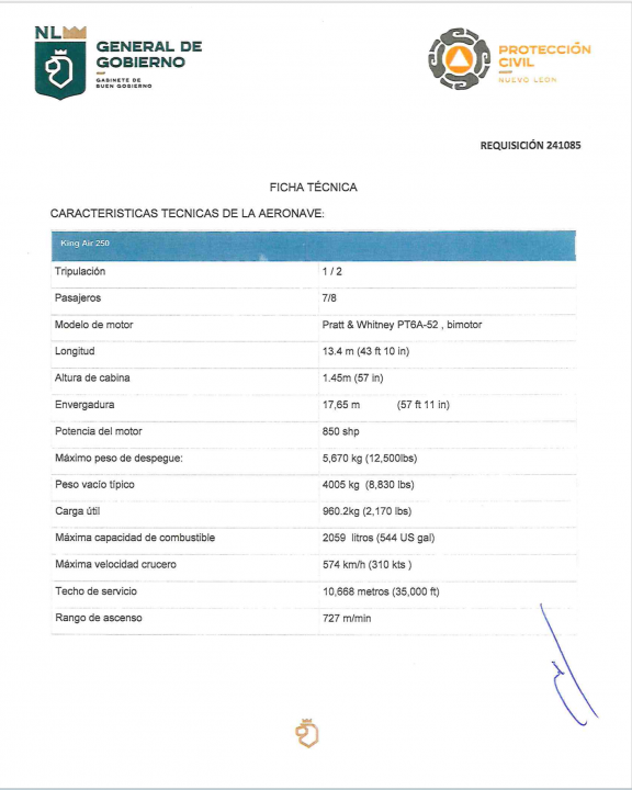 ficha tecnica aeronave Nuevo León